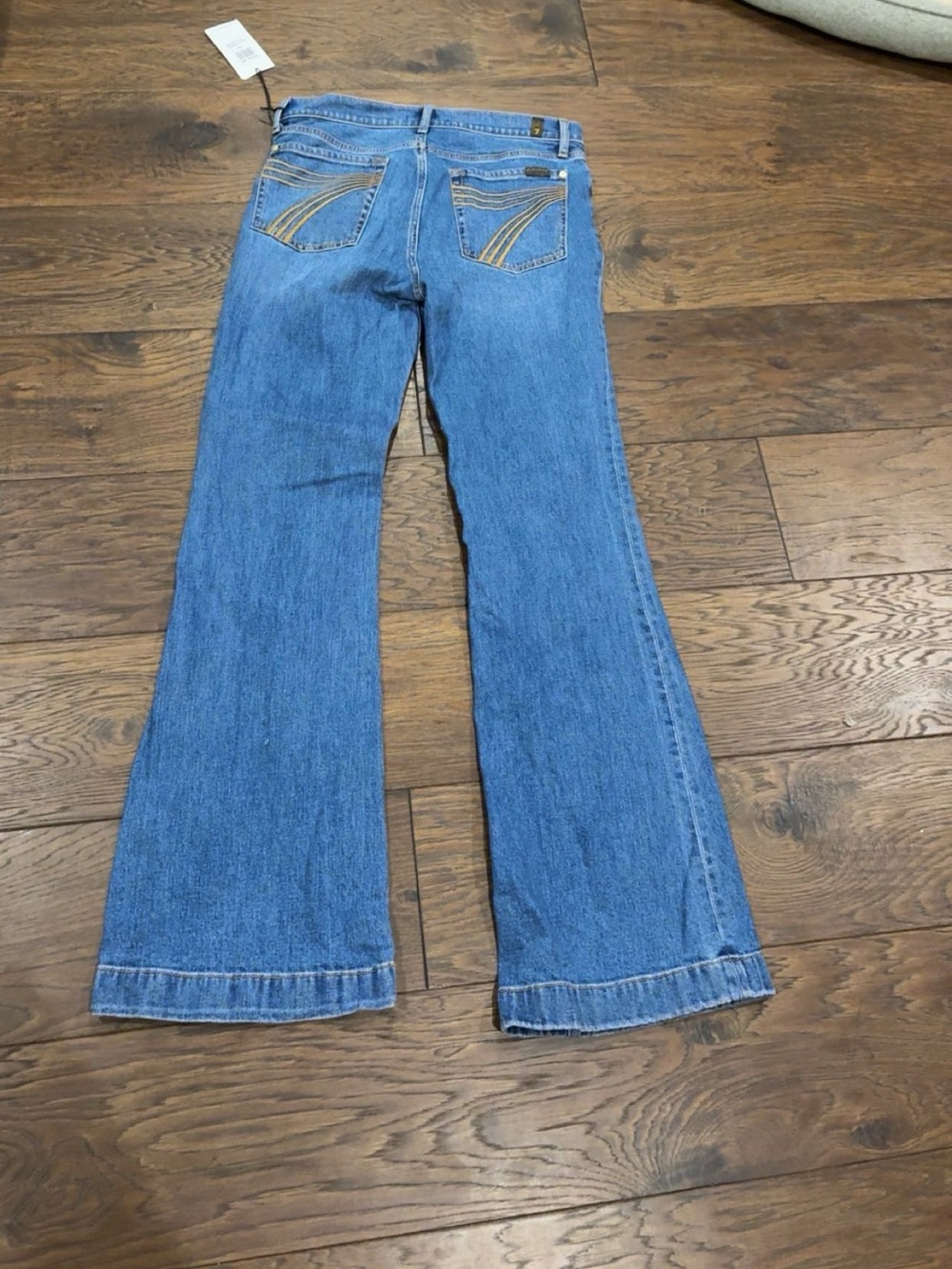 7 For All Mankind Medium Blue Flare Jeans with Contrast Pocket Stitching